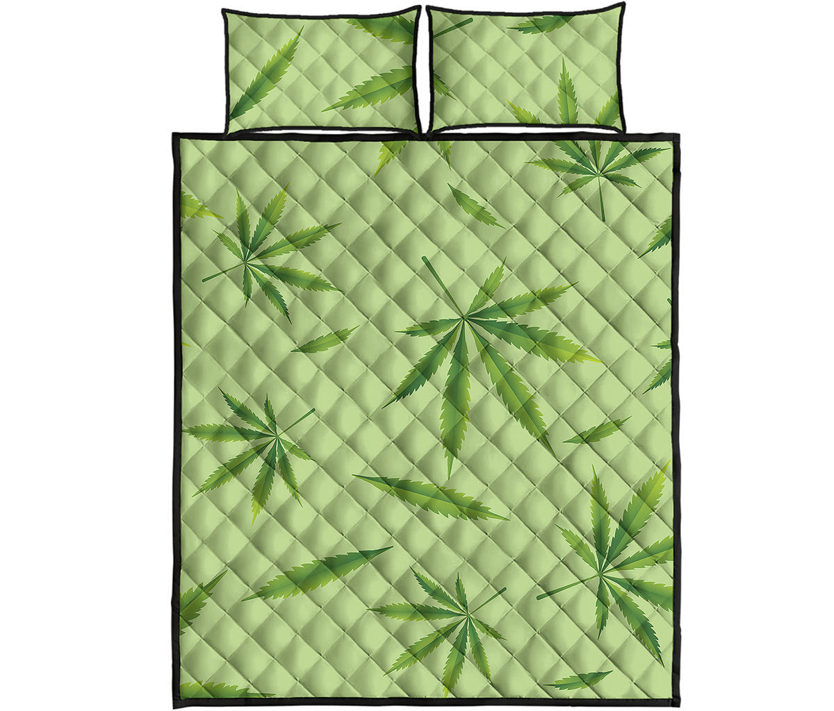 Green Hemp Leaves Pattern Print Quilt Bed Set