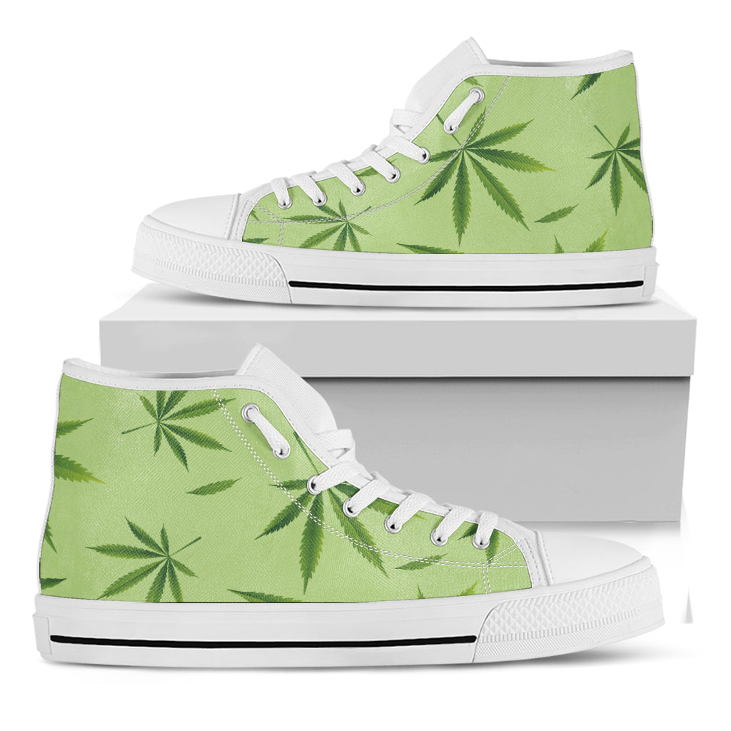 Green Hemp Leaves Pattern Print White High Top Shoes