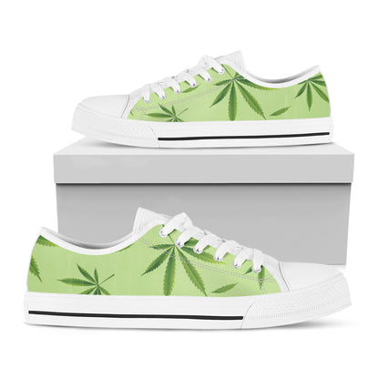 Green Hemp Leaves Pattern Print White Low Top Shoes