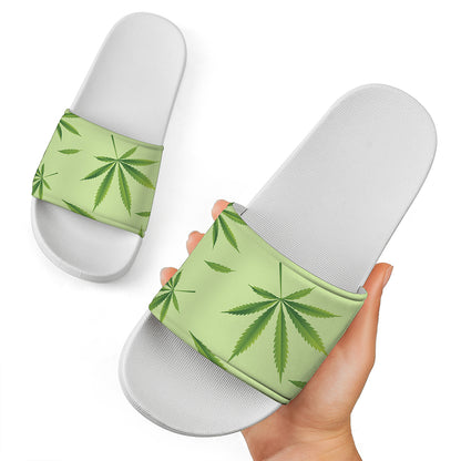 Green Hemp Leaves Pattern Print White Slide Sandals