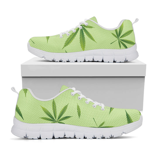 Green Hemp Leaves Pattern Print White Sneakers