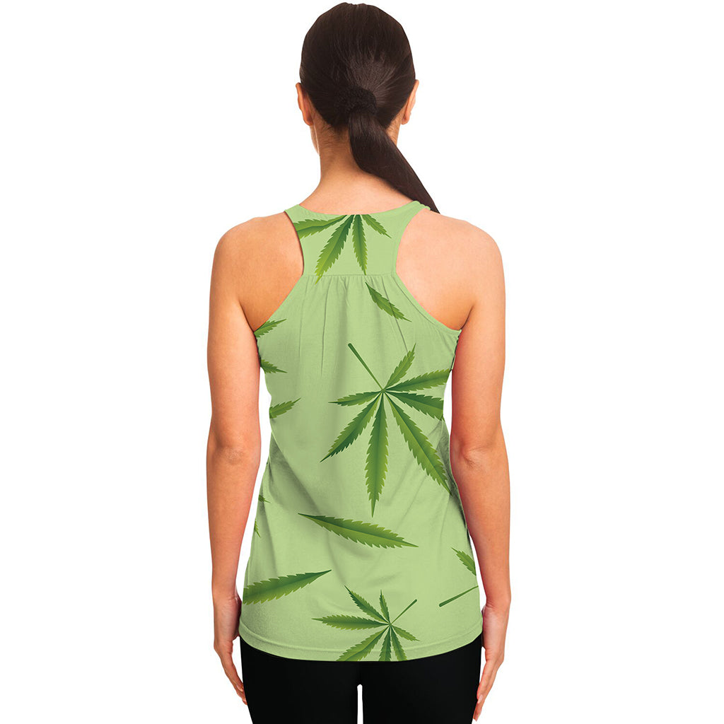 Green Hemp Leaves Pattern Print Women's Racerback Tank Top