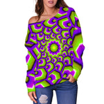 Green Hive Moving Optical Illusion Off Shoulder Sweatshirt GearFrost