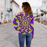 Green Hive Moving Optical Illusion Off Shoulder Sweatshirt GearFrost
