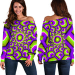 Green Hive Moving Optical Illusion Off Shoulder Sweatshirt GearFrost