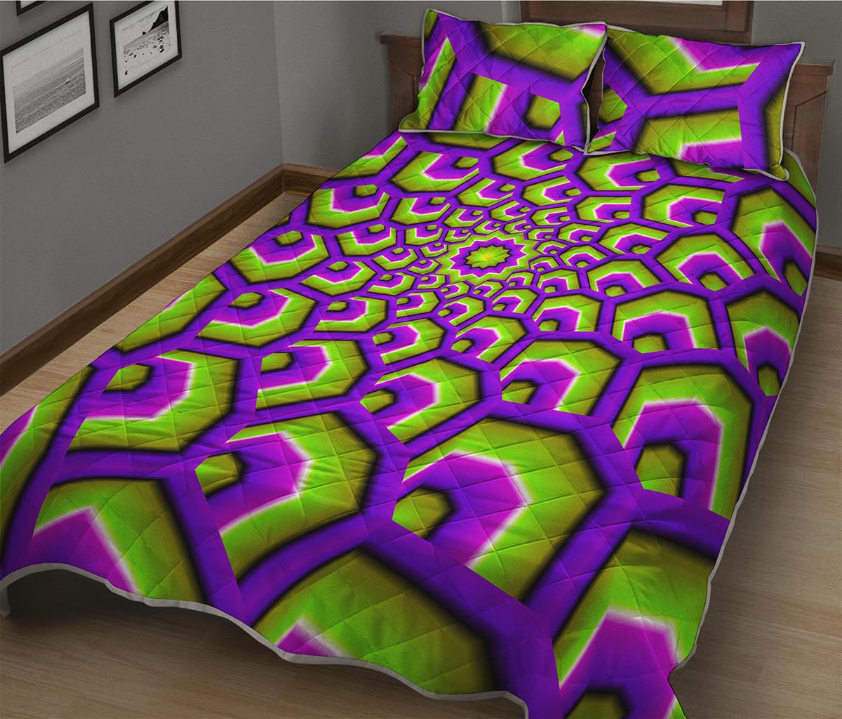 Green Hive Moving Optical Illusion Quilt Bed Set
