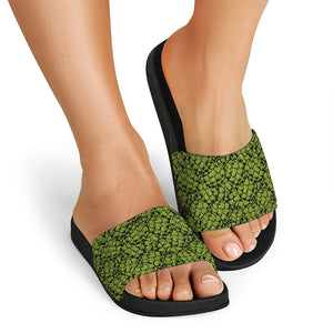 Green Hop Cone Pattern Print Black Slide Sandals