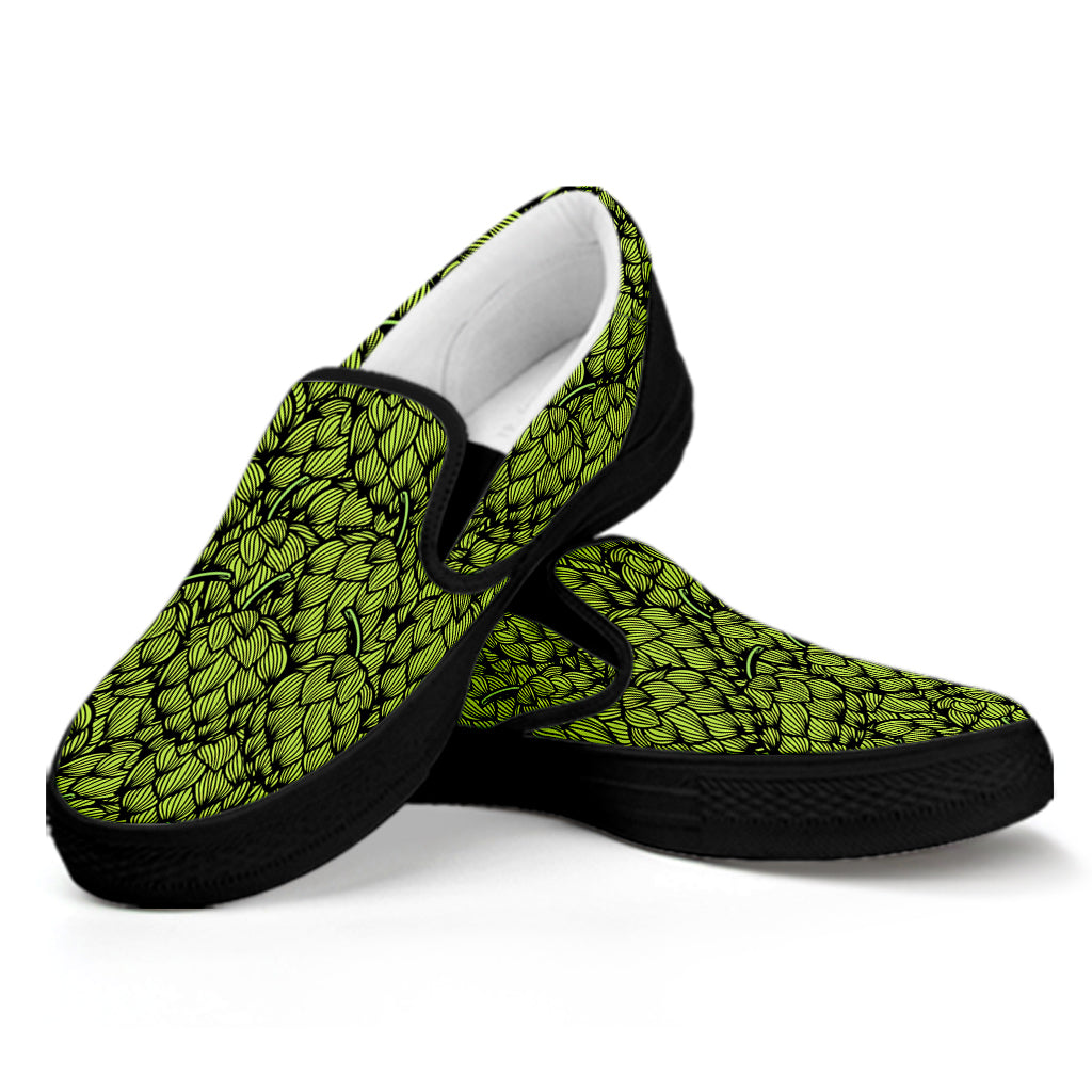 Green Hop Cone Pattern Print Black Slip On Shoes