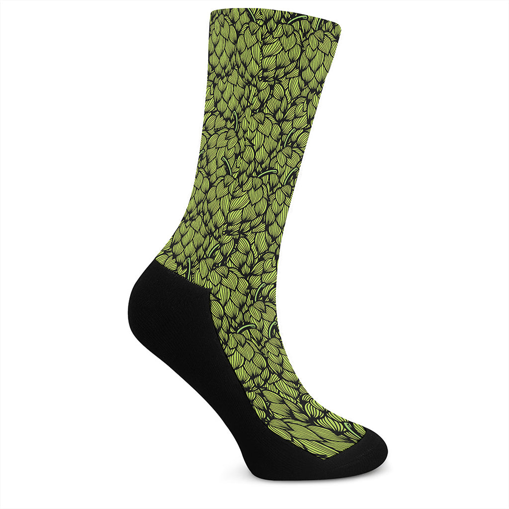 Green Hop Cone Pattern Print Crew Socks