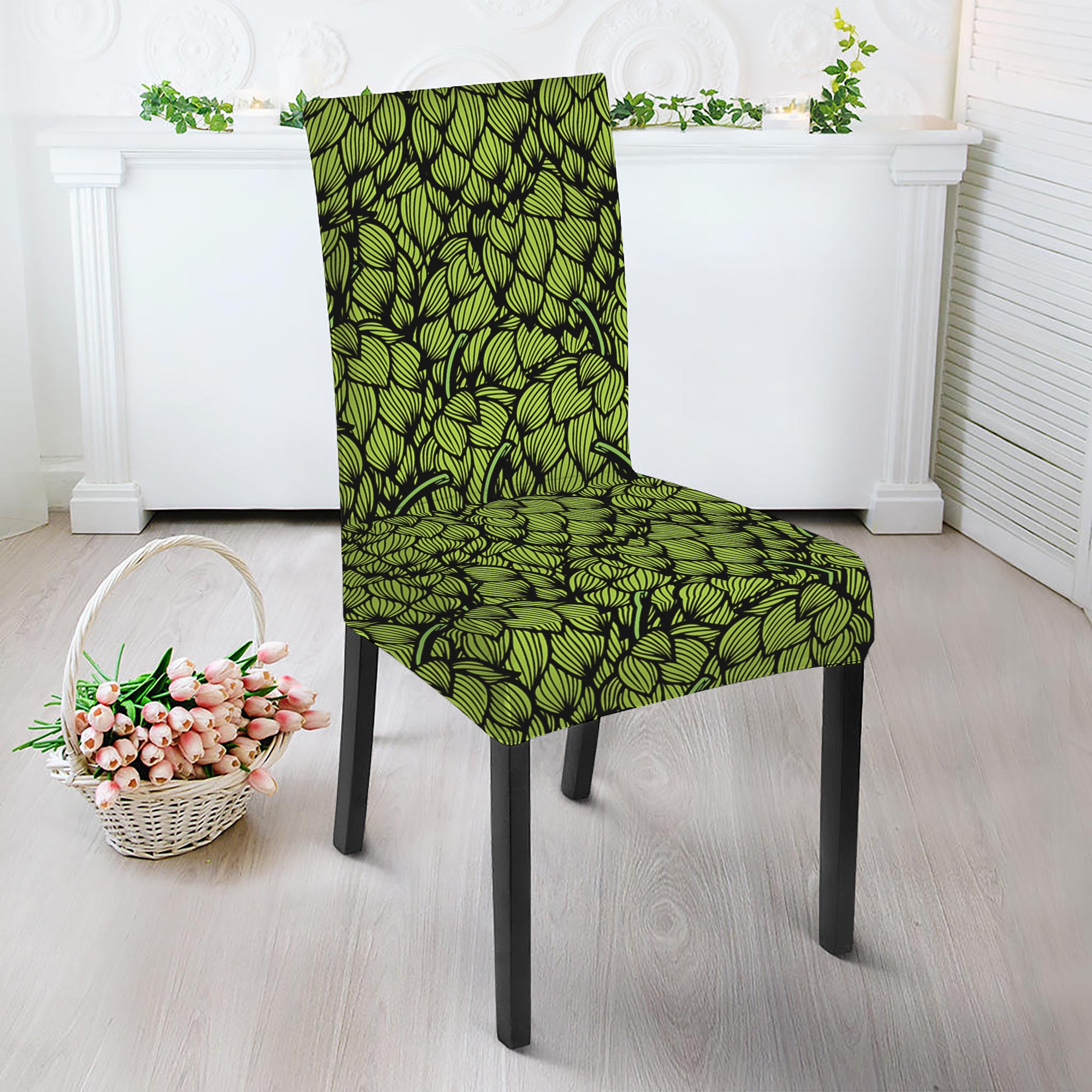 Green Hop Cone Pattern Print Dining Chair Slipcover