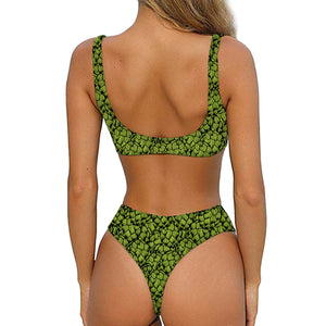 Green Hop Cone Pattern Print Front Bow Tie Bikini