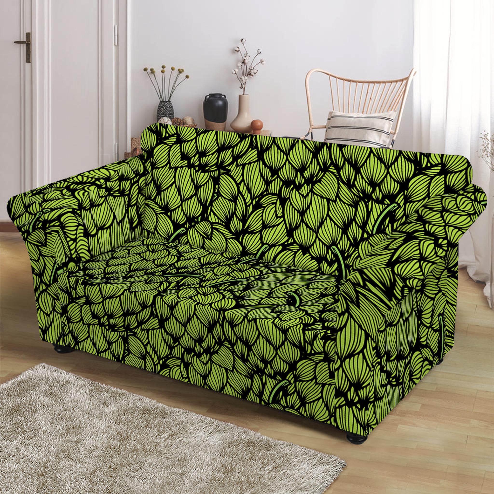 Green Hop Cone Pattern Print Loveseat Slipcover