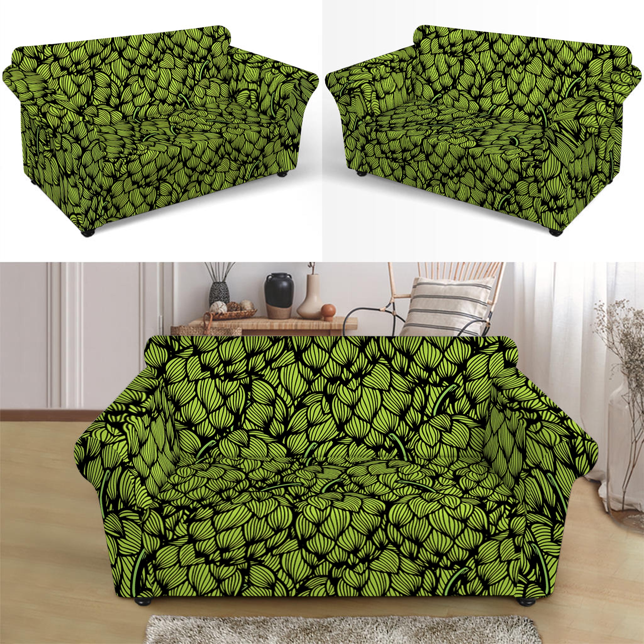 Green Hop Cone Pattern Print Loveseat Slipcover