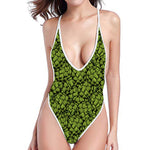 Green Hop Cone Pattern Print One Piece High Cut Swimsuit