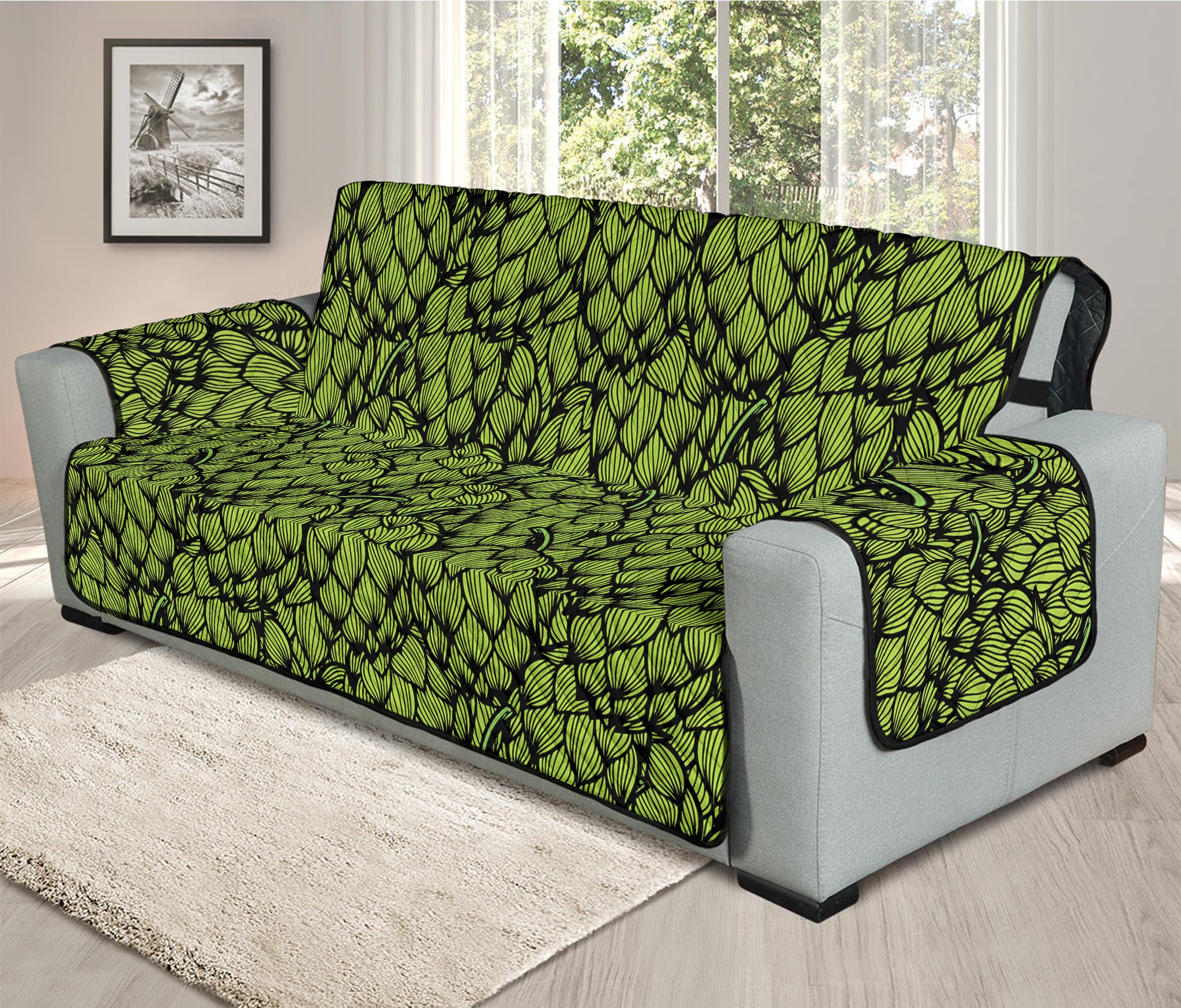 Green Hop Cone Pattern Print Oversized Sofa Protector