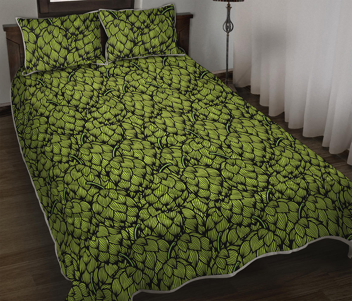 Green Hop Cone Pattern Print Quilt Bed Set