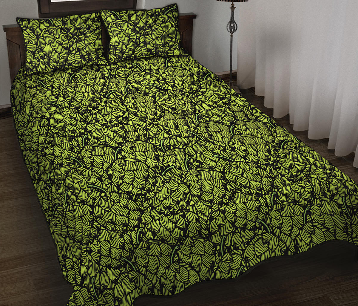 Green Hop Cone Pattern Print Quilt Bed Set