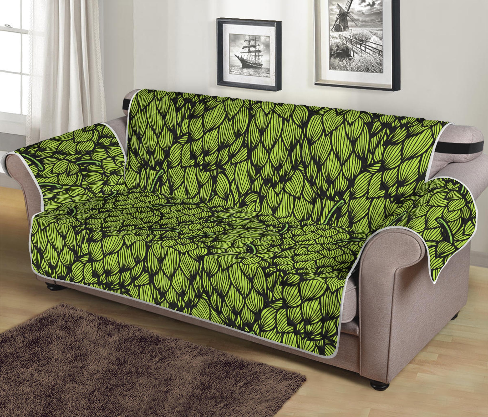 Green Hop Cone Pattern Print Sofa Protector