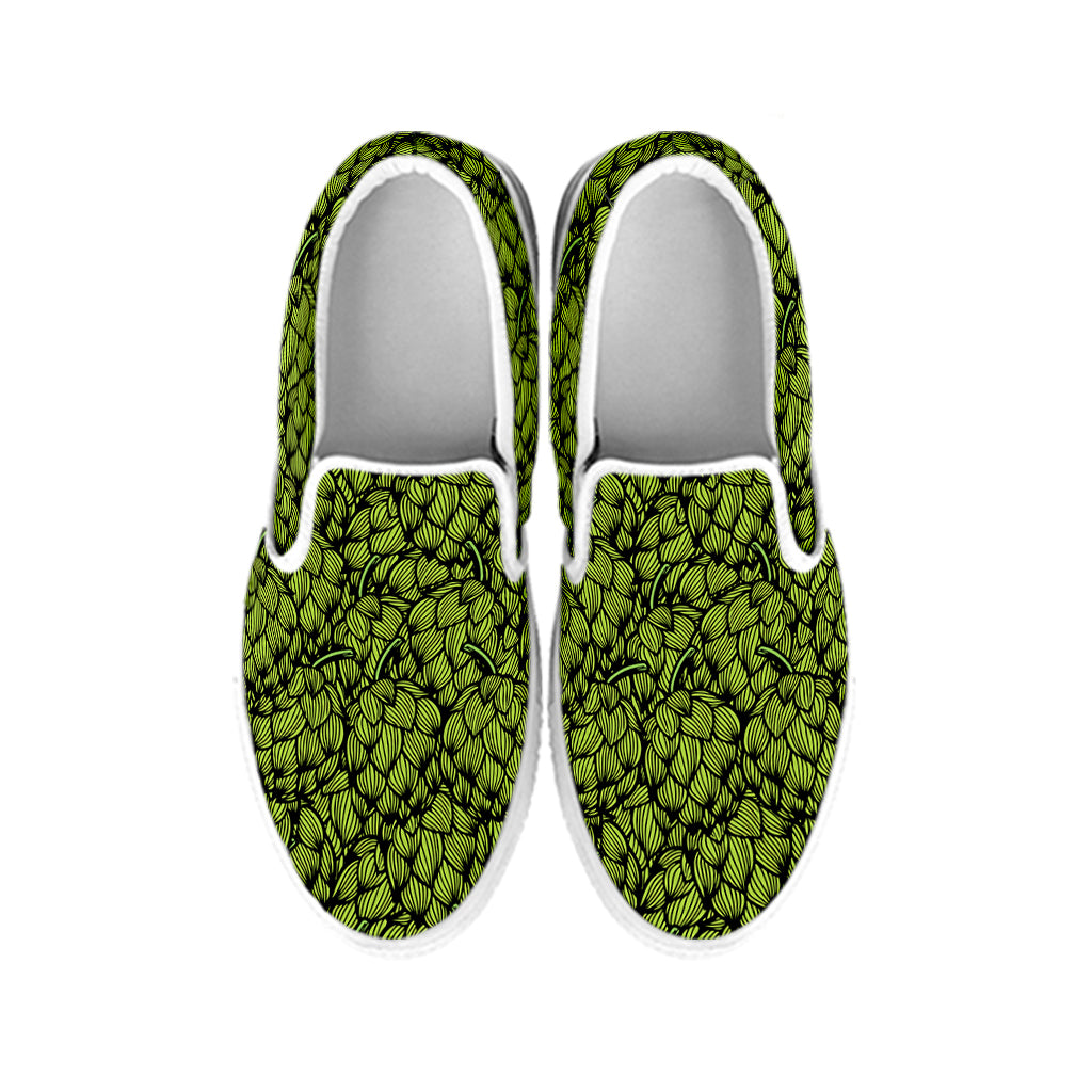 Green Hop Cone Pattern Print White Slip On Shoes