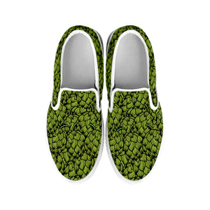 Green Hop Cone Pattern Print White Slip On Shoes