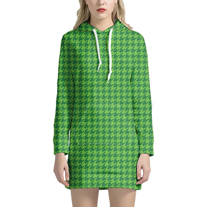 Green Houndstooth Pattern Print Hoodie Dress
