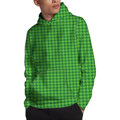 Green Houndstooth Pattern Print Pullover Hoodie