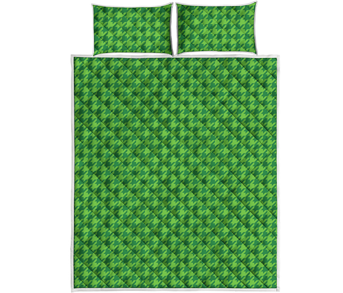 Green Houndstooth Pattern Print Quilt Bed Set