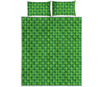 Green Houndstooth Pattern Print Quilt Bed Set