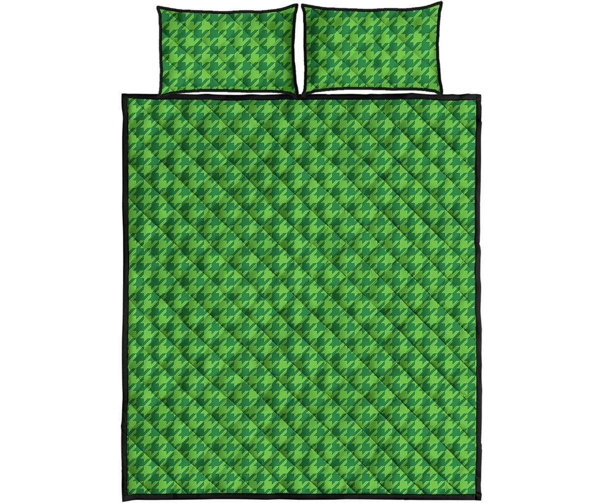 Green Houndstooth Pattern Print Quilt Bed Set