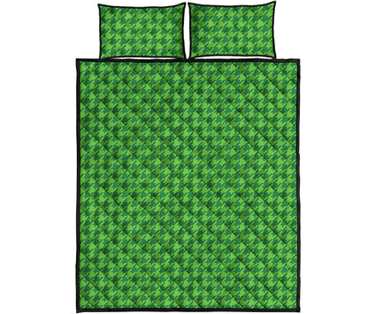 Green Houndstooth Pattern Print Quilt Bed Set