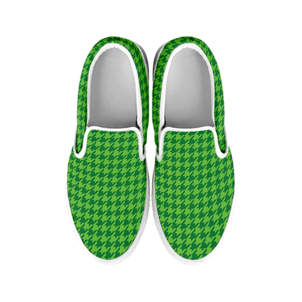 Green Houndstooth Pattern Print White Slip On Shoes