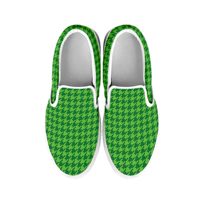 Green Houndstooth Pattern Print White Slip On Shoes