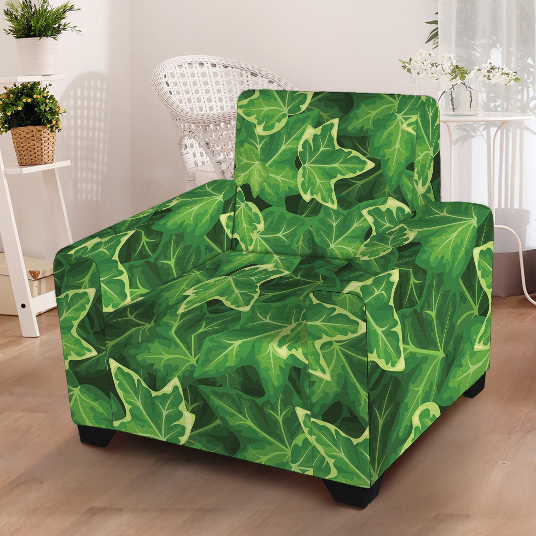 Green Ivy Leaf Pattern Print Armchair Slipcover