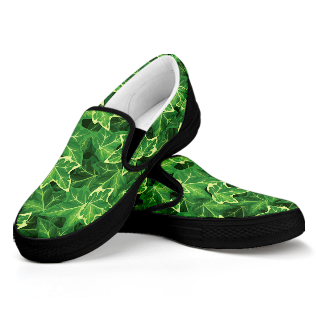 Green Ivy Leaf Pattern Print Black Slip On Shoes