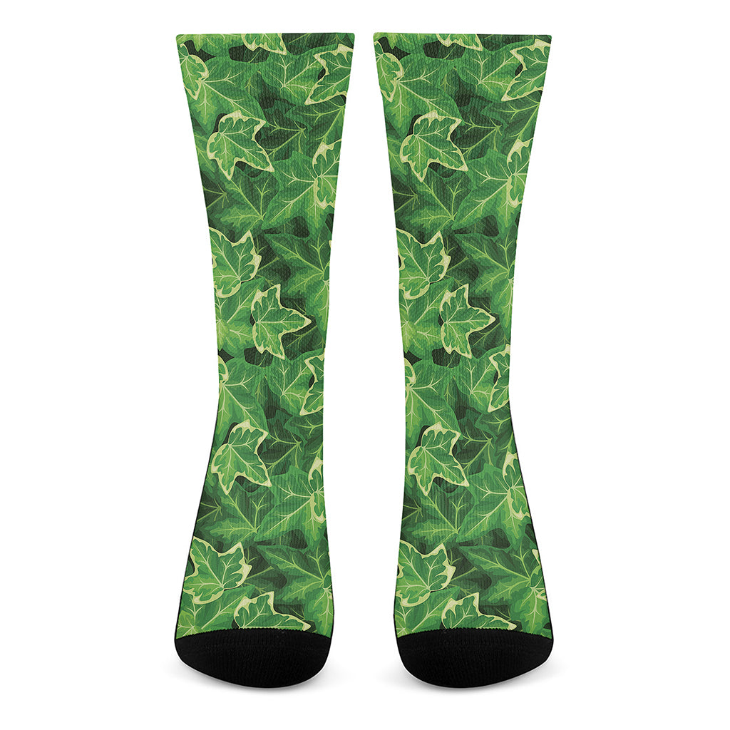 Green Ivy Leaf Pattern Print Crew Socks
