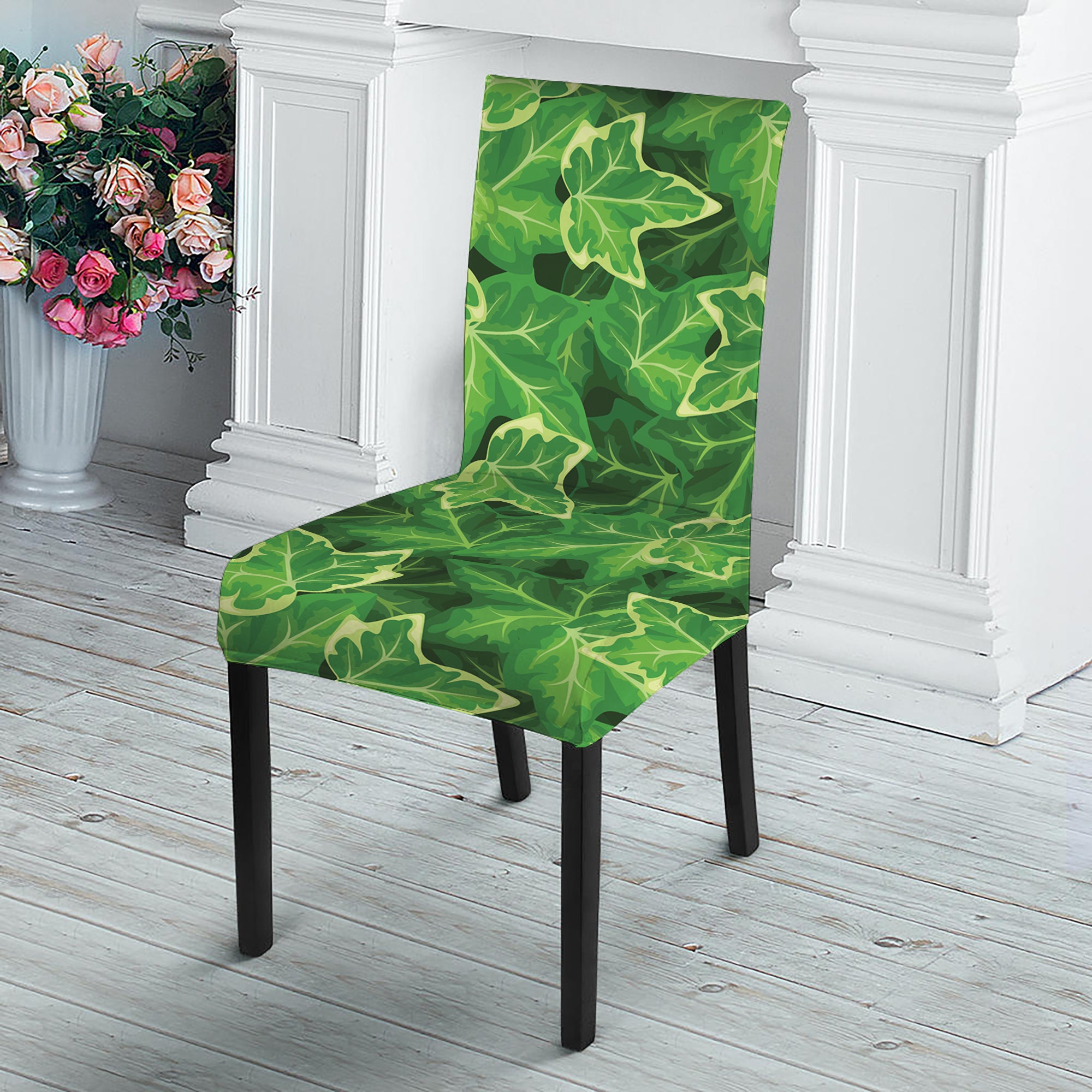 Green Ivy Leaf Pattern Print Dining Chair Slipcover