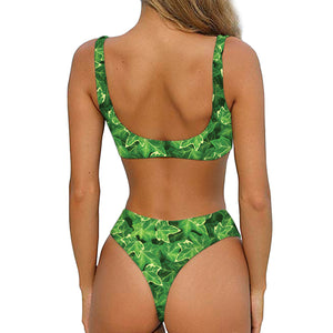 Green Ivy Leaf Pattern Print Front Bow Tie Bikini