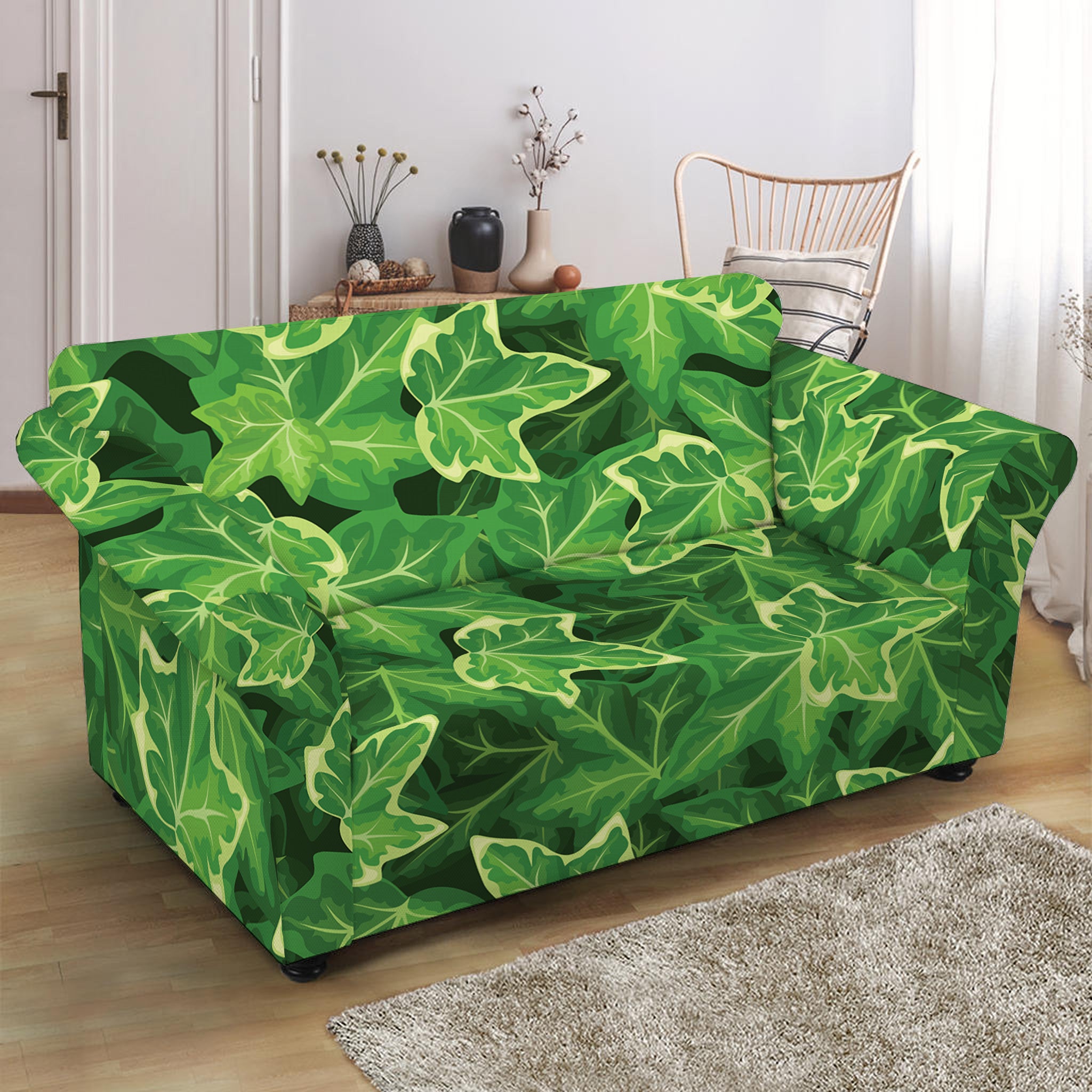 Green Ivy Leaf Pattern Print Loveseat Slipcover