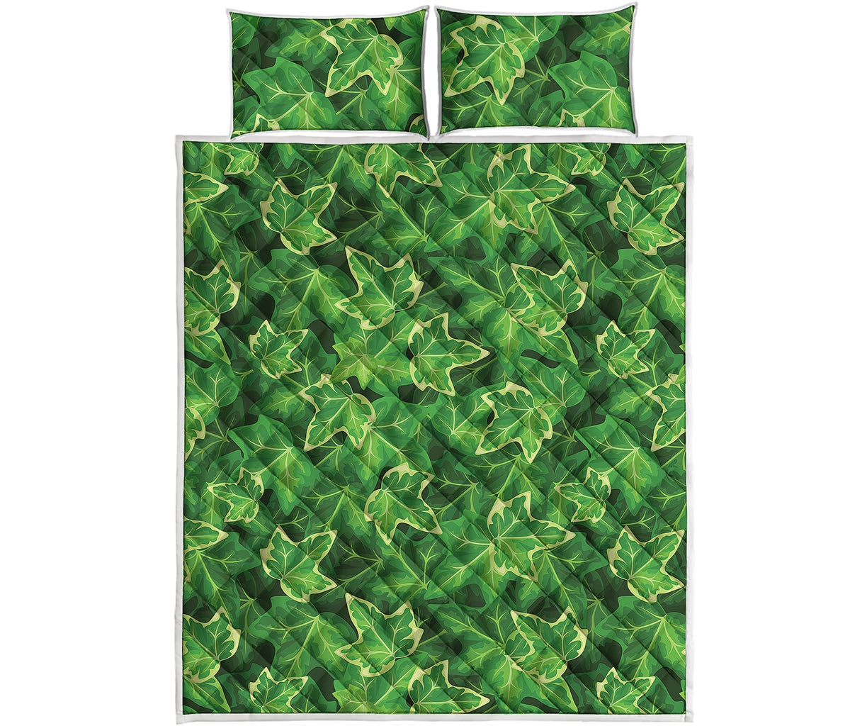 Green Ivy Leaf Pattern Print Quilt Bed Set