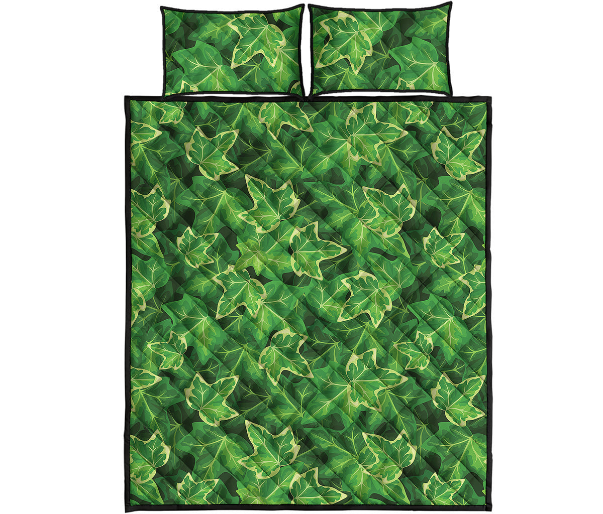 Green Ivy Leaf Pattern Print Quilt Bed Set