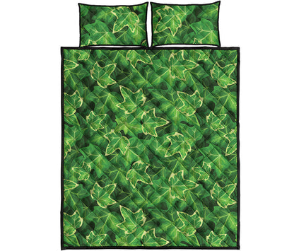 Green Ivy Leaf Pattern Print Quilt Bed Set