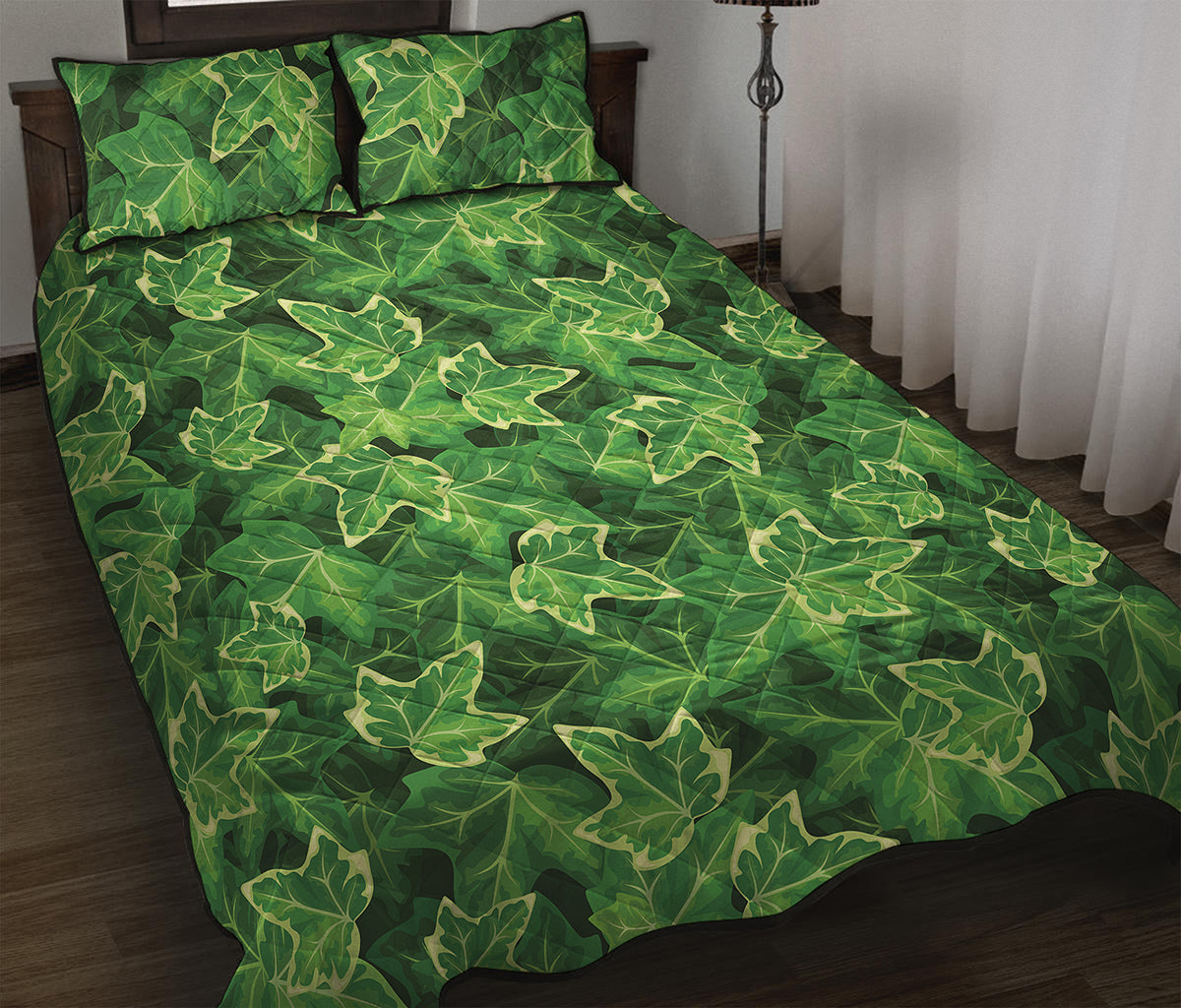 Green Ivy Leaf Pattern Print Quilt Bed Set