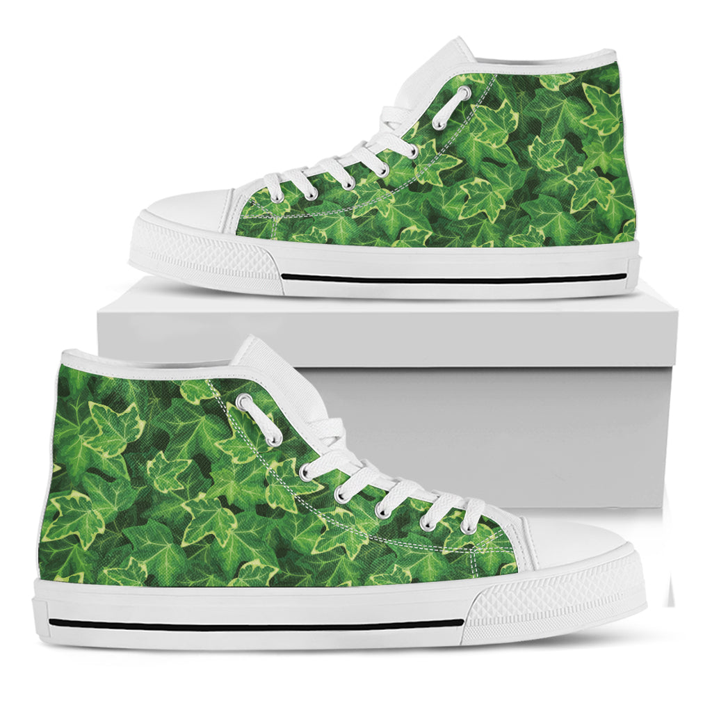 Green Ivy Leaf Pattern Print White High Top Shoes