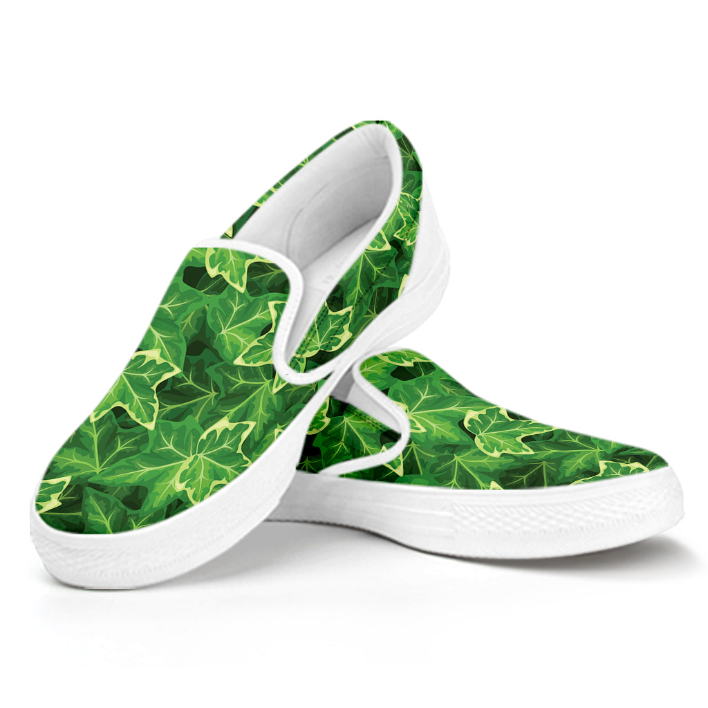 Green Ivy Leaf Pattern Print White Slip On Shoes