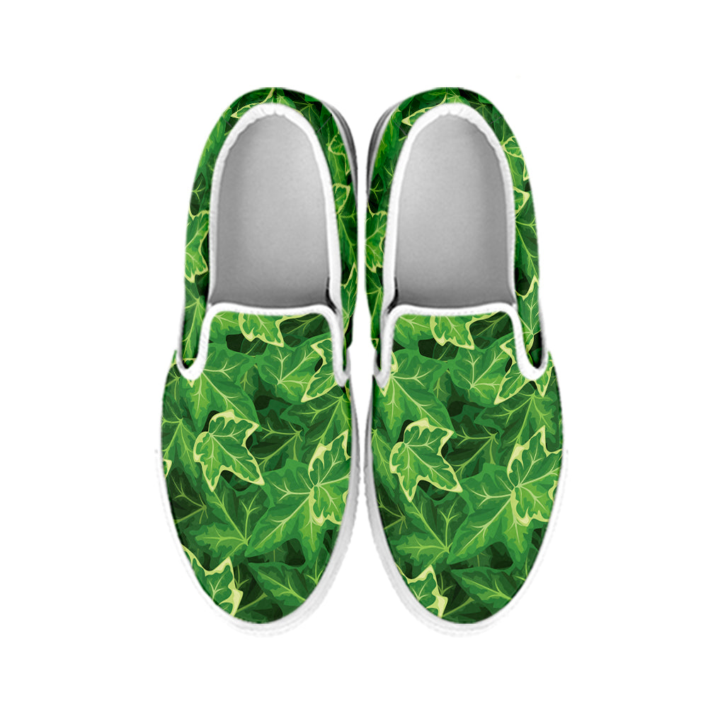 Green Ivy Leaf Pattern Print White Slip On Shoes
