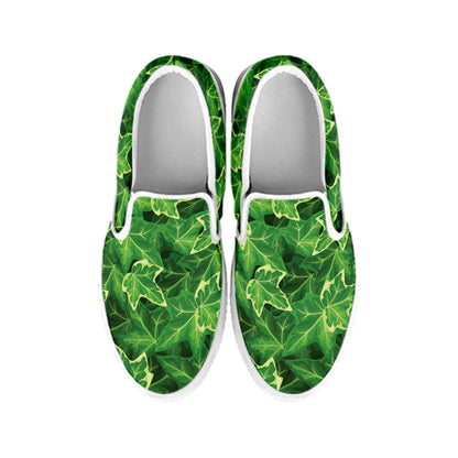 Green Ivy Leaf Pattern Print White Slip On Shoes