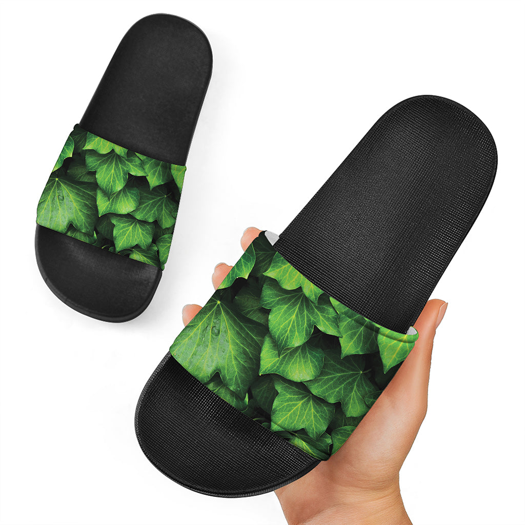Green Ivy Leaf Print Black Slide Sandals