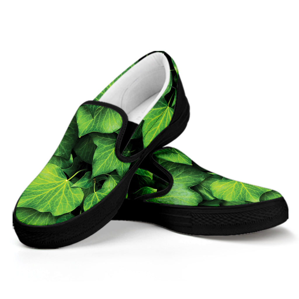Green Ivy Leaf Print Black Slip On Shoes