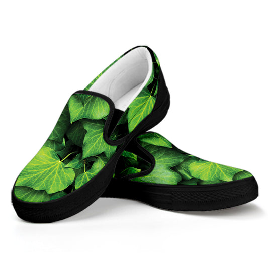 Green Ivy Leaf Print Black Slip On Shoes