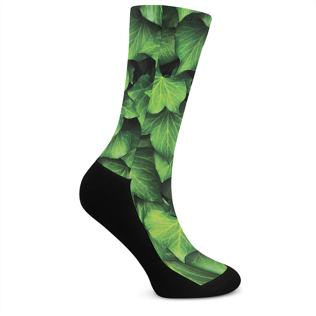 Green Ivy Leaf Print Crew Socks